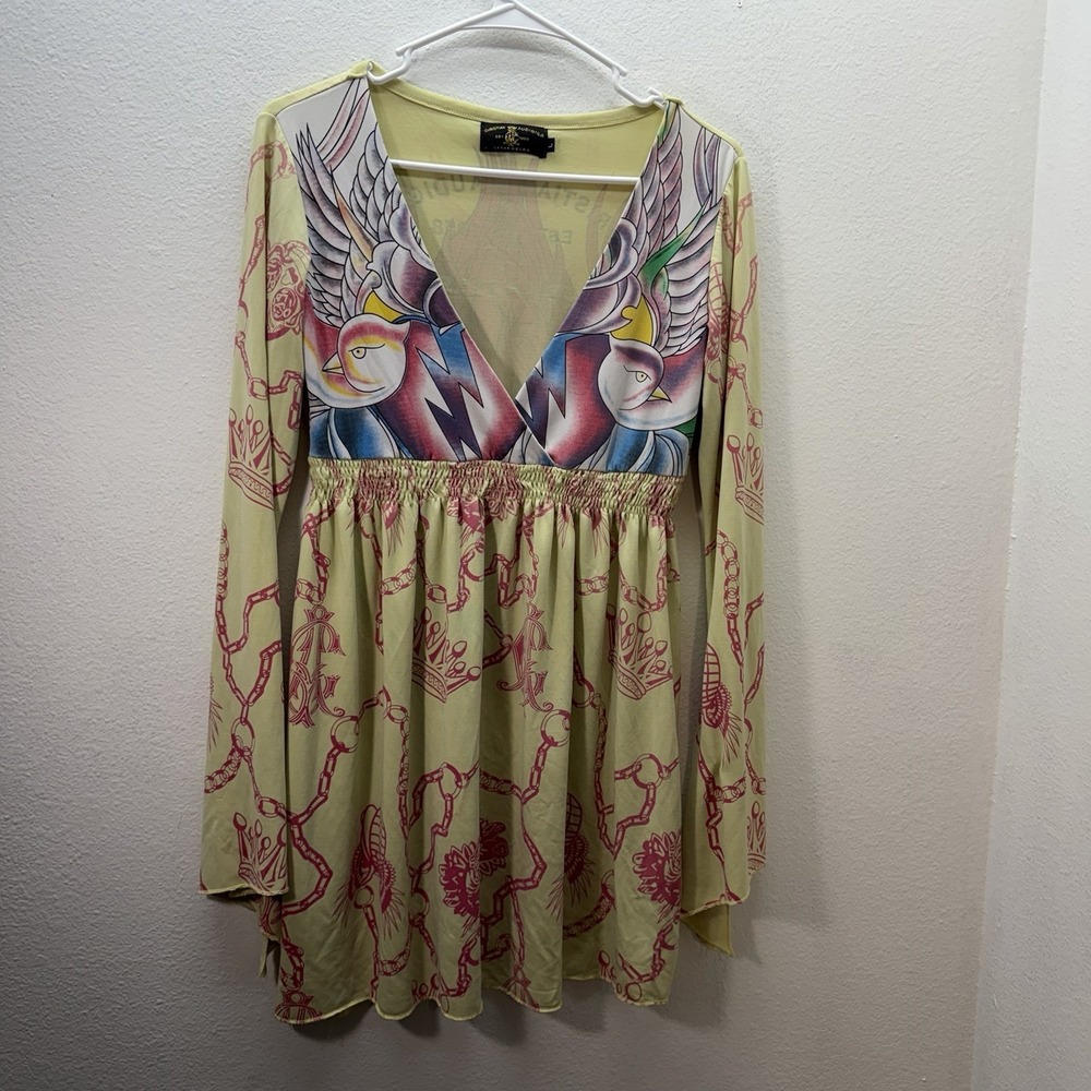Christian Audigier Ed Hardy Dress Vintage Y2K Babydoll Style Sz L‎ Bell Sleeves